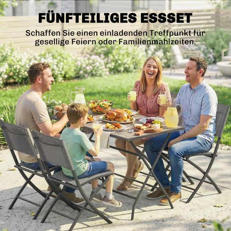 Klappbares Gartenmöbelset, 5-teilig: Tisch und 4 Stühle mit atmungsaktivem Bezug, Holzoptik, kompakt. (1/5)