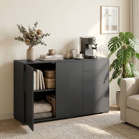 Buffet bas avec 2 tiroirs, système push-click, dimensions 117x36x74 cm, finition noire, meuble de rangement élégant pour salon ou entrée. (1/5)