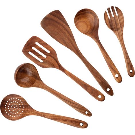 Set di 6 utensili da cucina - Cucchiaio da cucina in legno - Utensili da cucina in legno - Legno di teak naturale (1/5)