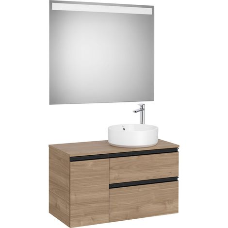 Pack meuble "The gap" 900 pour vasque à droite - 2 tiroirs + 1 porte + plan + miroir LED - noyer - Roca (1/2)