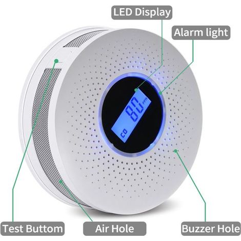 Smoke Detector - 2-in-1 Smoke and Carbon Monoxide Detector - Carbon Monoxide Detection and Alarm All-in-One - Battery Powered (Batteries Not Included) - With Digital Display and Audible/Visual Alarm - (1/5)