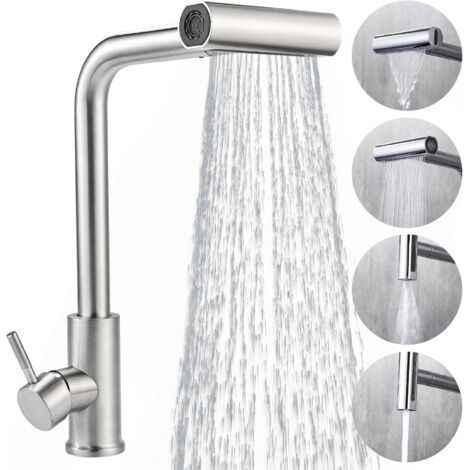 Küchenarmatur mit ausziehbarer Brause, Edelstahl-Küchenmischer, 360° drehbarer Brausekopf, gebürstete Oberfläche, 4 Wassermengeneinstellungen (1/5)