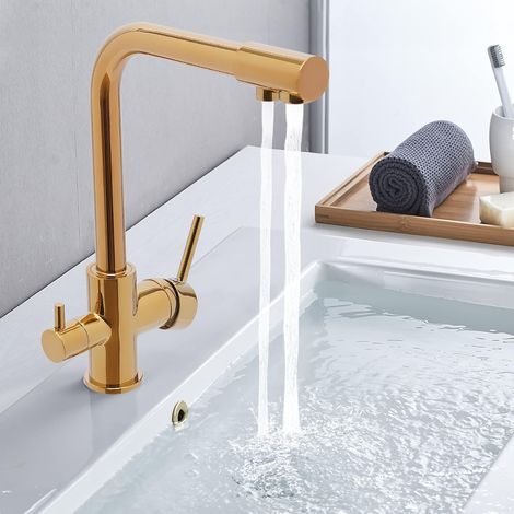 Wasserhahn Küche, 3 Wege Trinkwasserhahn, 360° Schwenkbar Armatur, Küchenarmatur Wasserfilter, Wasserhahn Spüle, Mischbatterie, Spültischarmatur Waschtischarmatur, (Gold) (1/5)