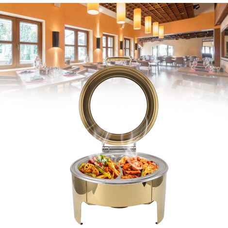 6-Liter-Buffetwärmer mit geraden Beinen, sichtbar, mit Alkoholheizung, runder, sichtbarer Buffetwärmer mit klappbarem Edelstahldeckel für Hotelrestaurants, mit zwei Speisentabletts. (1/5)