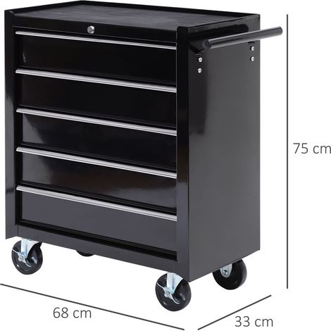 Coffre à outils, armoire à outils sur roulettes, 5 tiroirs, acier, noir (1/5)
