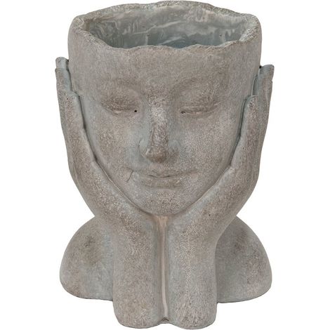 Pot de Fleurs Design Tête avec Mains en Pierre Grise pour Décoration Intérieure 16x16x22 cm - PANGIVO (1/5)