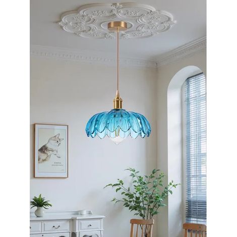 Suspension Luminaire Moderne,Lustre Vintage Abat-jour en Verre Design Fleurs Bleu E27 Lampe de Plafond Retro pour Salon,25cm (1/5)