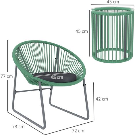 Salon de jardin polyrotin pour 2 personnes 3 pièces : 2 chaises + table d’appoint + coussins, résistant, pour jardin, terrasse, balcon, vert (1/5)