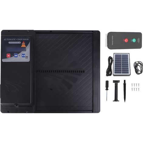 Porte automatique pour poulailler solaire USB ouverture horizontale 3-en-1 avec minuterie, capteur lumineux et télécommande noire (1/5)