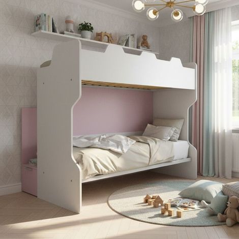 Letto a castello con scala contenitore e terzo letto estraibile - Cameretta salvaspazio - bianco e cipria