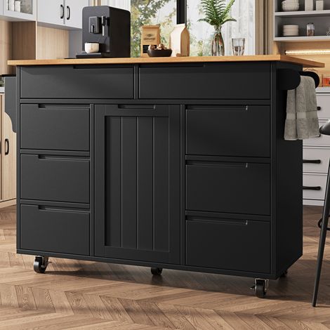 Îlot cuisine noir moderne escamotable sur roulettes,plan de travail,support à épices et 8 tiroirs de rangement.