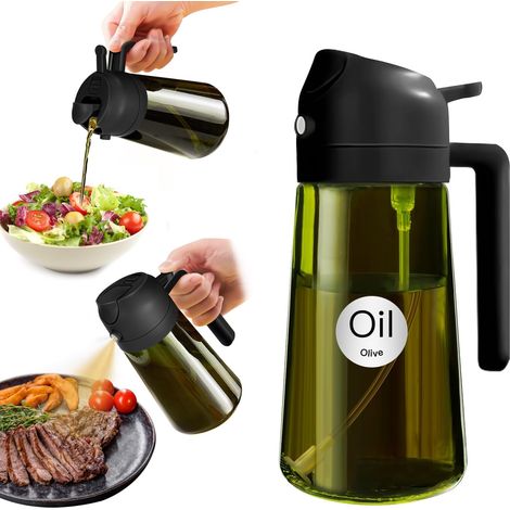 1 Pulvérisateur D'huile 470ml Verre Vert Fonction 2en1 Bouteille Cuisine Alimentaire Noir