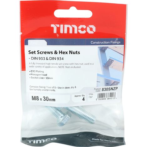 TIMCO Set Screws DIN933 Grade 8.8 & Hex Nut DIN934 Silver - M8 x 30
