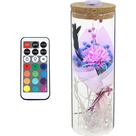 Bouteille de fleur stabilisée lumineuse en savon, décoration d'anniversaire (œillet rose) (1/4)