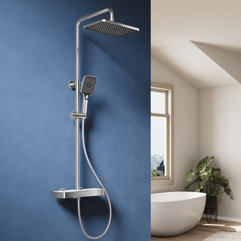 ELEGANT Thermostatic Mixer Shower with Button and 3 Modes Dual Square Showerheads, Chrome Stainless Steel