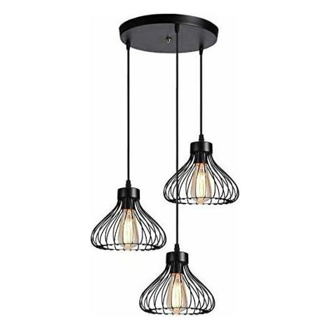 Suspension - PZCC - Lustre Industriel 3 Lampes (Suspension Métal Cage Vintage) - Métal cage - 3x E27 - Noir 23cm (1/4)