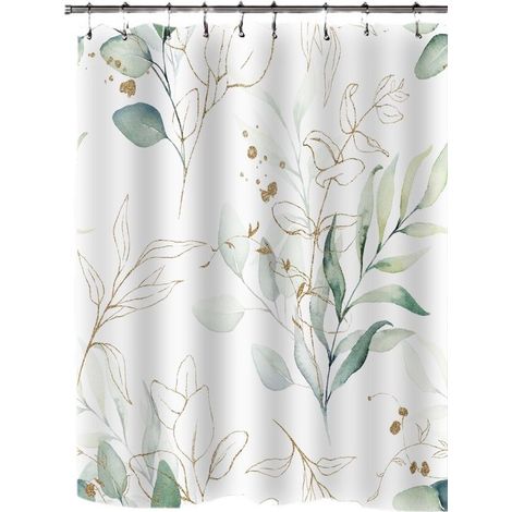 Cortina de ducha con estampado de hojas de eucalipto en acuarela, resistente al moho e impermeable, de poliéster lavable, ys507 150cm, 150180cm (1/3)