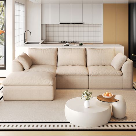 4-Sitzer-Ecksofa 245x155x83 cm aus khakifarbenem Leinen mit hochelastischem Schaum – MEUBLIV (1/5)