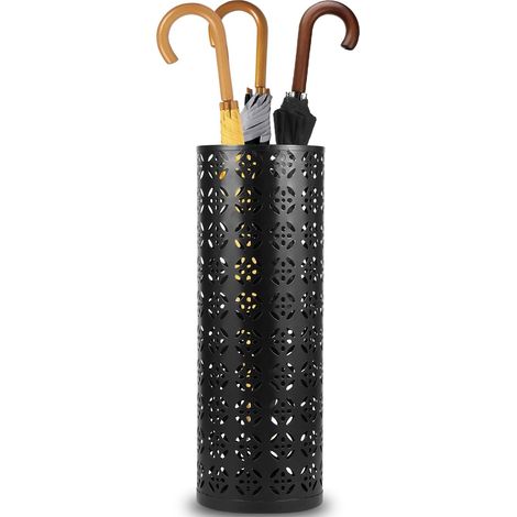 Porte-parapluie en métal pour l'entrée - 15 × 15 × 42 cm - Organiseur de parapluie autoportant - Boîte de rangement ronde - Support pour bâtons de marche (noir) (1/5)