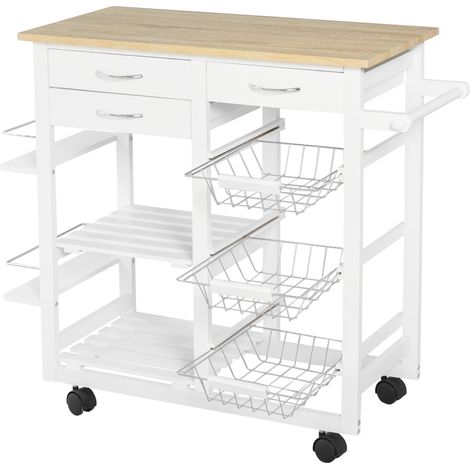 Chariot de cuisine sur roulettes en bois massif avec 3 tiroirs, 3 paniers, 2 range-épices et 2 étagères, 92 x 37 x 82 cm (1/5)