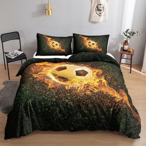 Fußball Bettwäsche Set 200x200cm mit Flammen-Druck, 3-teilig