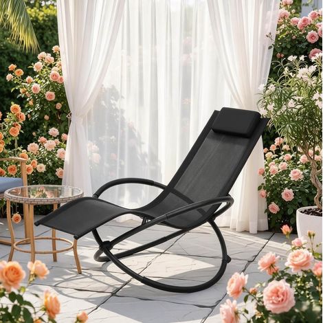 Chaise longue à bascule de jardin en métal noir avec toile textilène, accoudoirs rembourrés et coussin amovible (1/4)