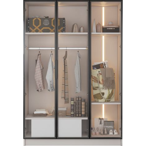 Weißer Kleiderschrank mit 3 Glastüren, 1 Schublade und 1 Kleiderstange, mit LED-Beleuchtung, 110x50x160 cm