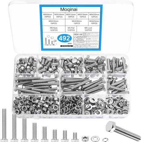 492 Pièces Vis Hexagonales en Acier Inoxydable M5, Set de Vis Métriques avec Écrous et Rondelles, Kit de Boulons M5 pour Machines, Assortiment de Visserie avec Rondelles Plates et Grower (1/5)