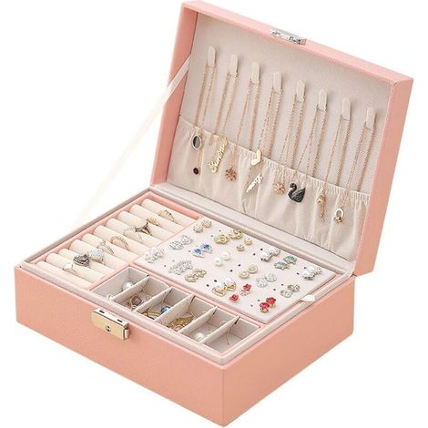 Boîte à Bijoux pour Femme, Coffret à Bijoux en Cuir Verrouillable de 2 Couches Organisateur à Bijoux, Petit Jewelry Stockage Cas Rangement pour Bagues Boucles D'oreilles Colliers (Rose) (1/5)