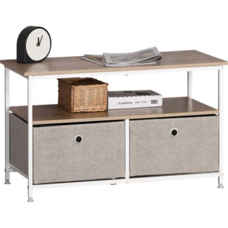 CALICOSY - Table basse 2 tiroirs et 2 tablettes décor chêne clair L80 cm - LISA (1/3)