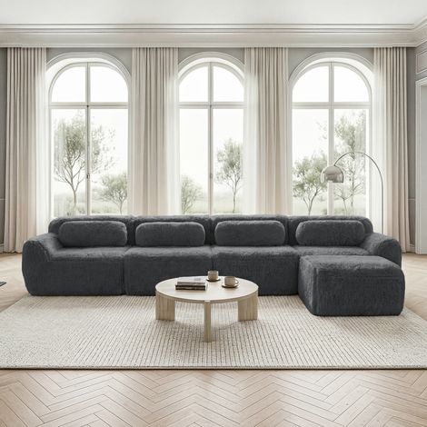 Canapé d'angle gris 4 places, méridienne design, ensemble modulable avec coussins, tissu peluche haut de gamme, mousse haute résilience, livré prêt à l'emploi, idéal salon ou chambre