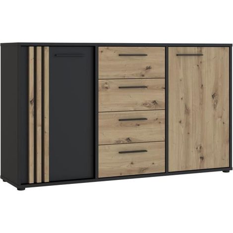 Buffet CARDIGAN 2 portes, 4 tiroirs - Décor chêne artisan et noir - L142,6 x P34,2 x H82,3 cm - Poignées en métal noir (1/5)
