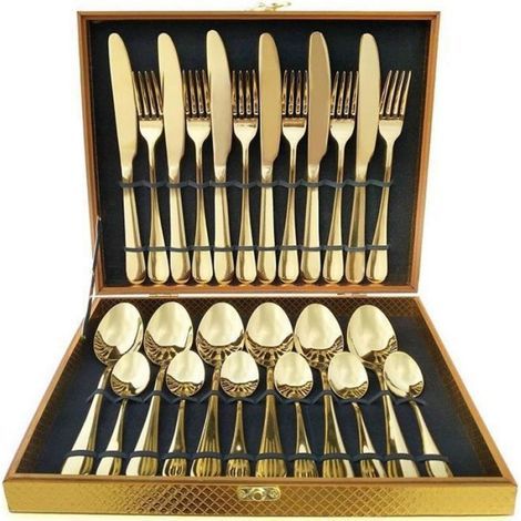 Ménagère 24 couverts dorés et modernes pour 6 personnes en acier inoxydable, pour mariage ou tout autre événement