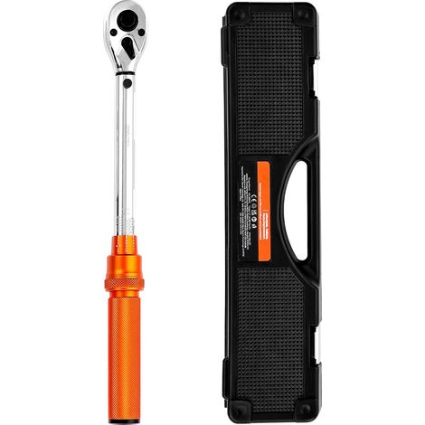 Clé dynamométrique 3/8", 5-60 N.m, bidirectionnelle, précision ±3%, avec douilles, embouts, rallonge et douilles à bougie, orange. (1/5)