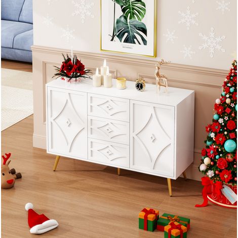 buffet commode rangement 120 cm blanc 3 tiroirs 2 portes OKMYHOME (1/5)