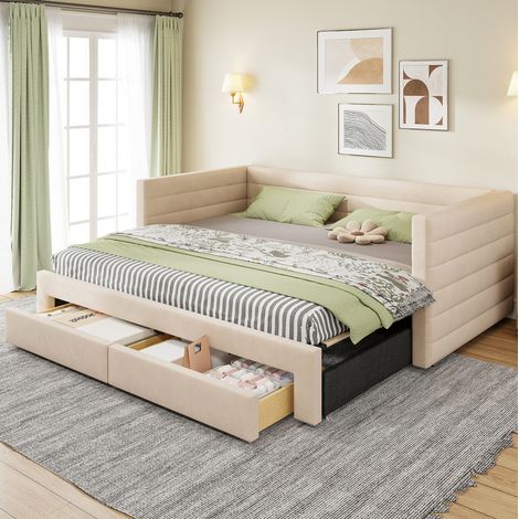 Canapé-lit en coton et lin beige 90x190 cm, extensible 180x190 cm, avec 2 tiroirs et sommier à lattes (1/5)