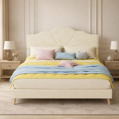 Letto matrimoniale 160x200 cm con testiera imbottita e rete a doghe, beige DESVIAE (1/5)