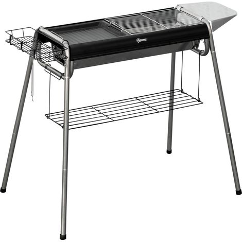 Barbecue au charbon de bois avec grille, plaque de cuisson, panier et étagères, 107 x 63 x 75 cm, noir