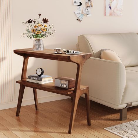 Mesa auxiliar de madera maciza, mesa auxiliar de 2 niveles con estante de almacenamiento, mesita de noche delgada de madera moderna para sofá, sala de estar, dormitorio, espacio pequeño (1/5)