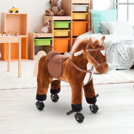 Cheval à bascule pour enfants (à partir de 2 ans) avec roues, hennissement, bâtonnets et pédales, 55 x 23 x 60 cm, marron (1/5)