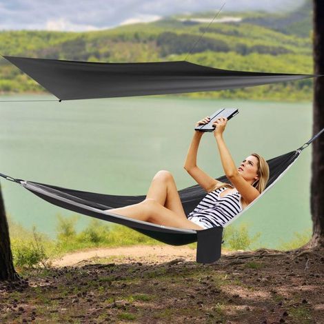 Hamac de camping - avec tente moustiquaire et imperméable - noir hamac extérieur avec sac intégré pour sac à dos, 2,9x1,4m