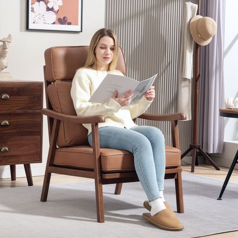 Fauteuil de salon rembourré en PU avec cadre en bois, coussins épais marron et bois noyer (1/5)