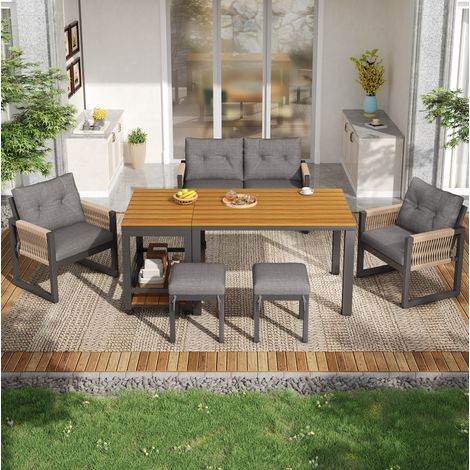 Ensemble de mobilier de jardin en fer gris et naturel, 1 canapé 2 places, 2 fauteuils, 2 tabourets, table amovible, coussins (1/5)