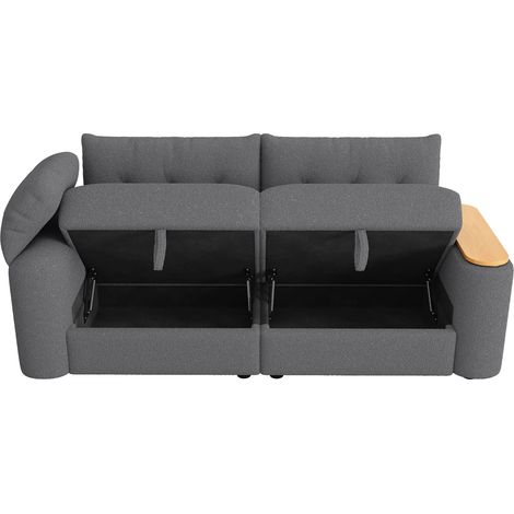 Sofá Modular 2-3 Plazas con Almacenaje, Reposacabezas, Mesa Auxiliar Giratoria, Teddy, Gris, 207,5 x 80 x 87 cm (1/5)