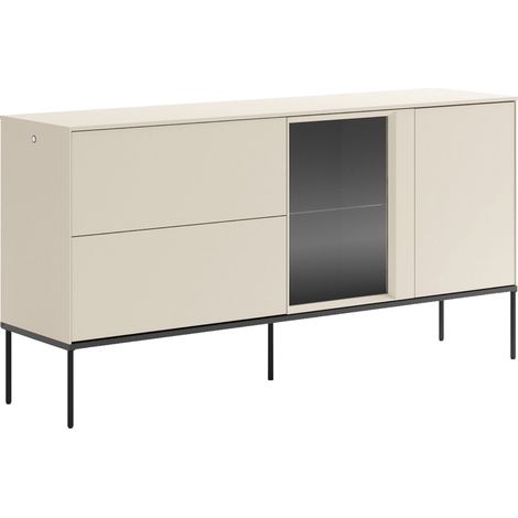 Selsey Bellezo – Sideboard mit beleuchteter Glasvitrine und zwei Schubladen 166 cm, Creme