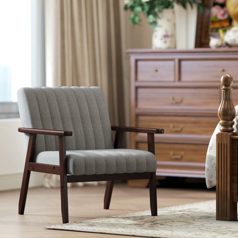 Fauteuil de chambre moderne en tissu et bois, avec coutures tubulaires. Gris. (1/5)