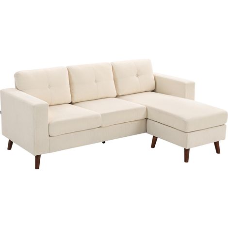 Canapé d'angle 192 cm en forme de L, 3 places, avec méridienne réversible, aspect velours côtelé, idéal pour les petits espaces, blanc crème