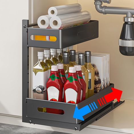 Rangement Sous Évier 2 Niveaux Acier Coulissant Sans Perçage Cuisine Bain (1/5)