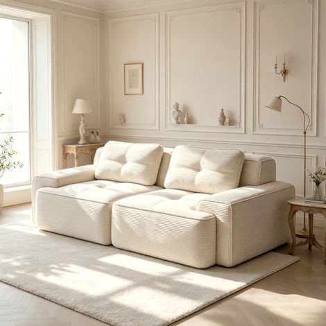 Canapé modulaire 2 places en velours – Structure sans ossature rigide – Mousse 32D – Sans montage – Pour salon famille foyer avec animaux – 204 x 104 x 69 cm – Beige (1/5)