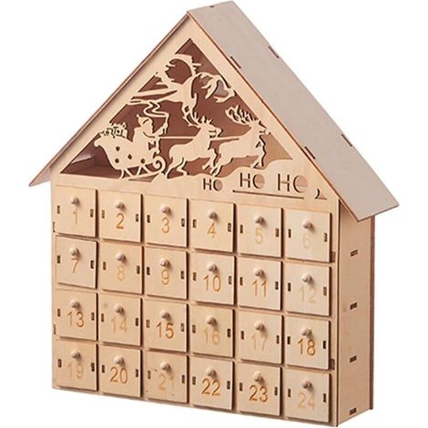 Christmas Advent Calendar with 24 Empty Wooden House-Shaped Storage Drawers, Countdown Timer
